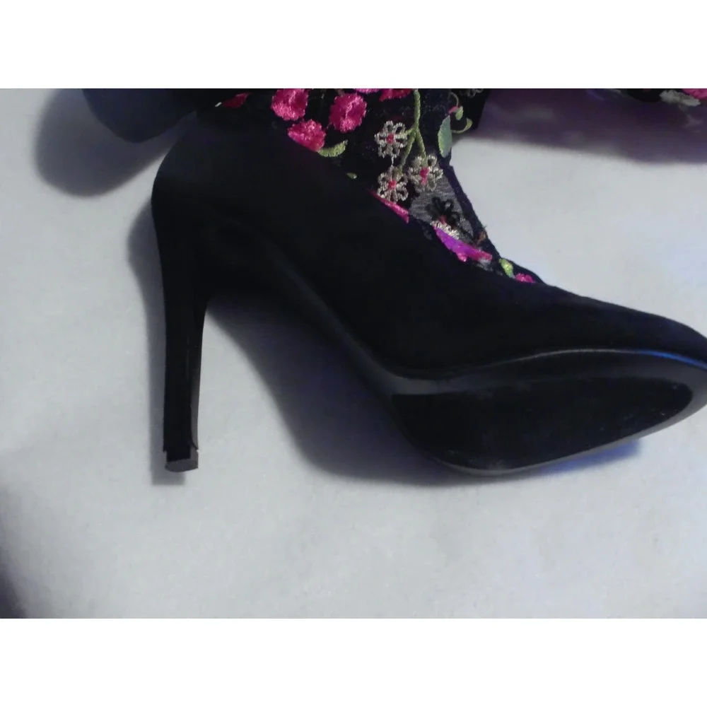 Lola Couture Floral Embroidered Over The Knee Boots Black Pink Stiletto Heel‎ 10